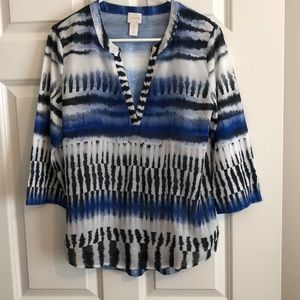 Chico’s blouse blue, black, white, size 0, 3/4 sleeve